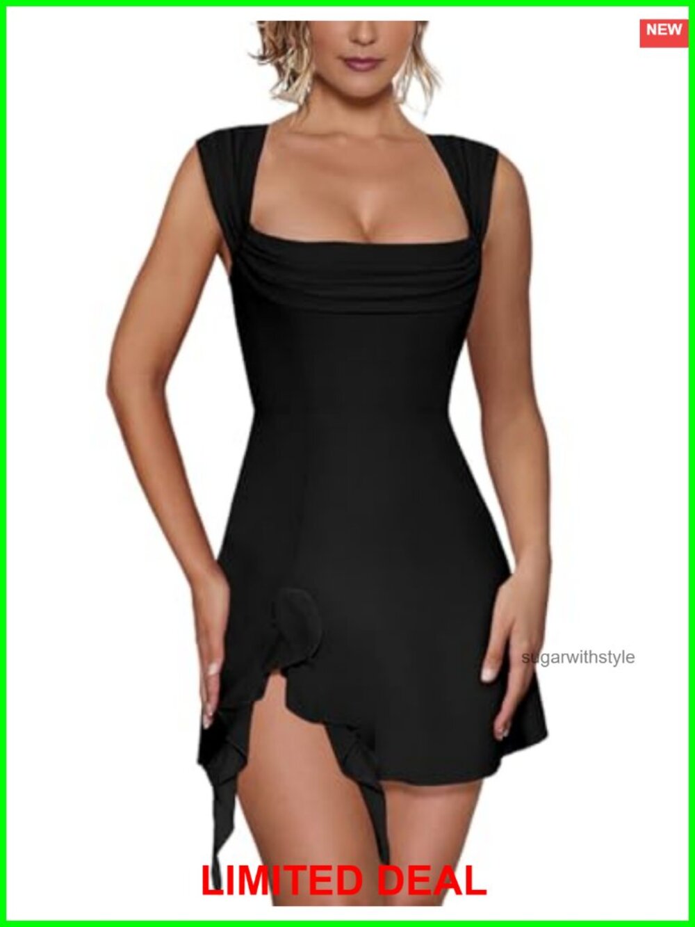 Sexy Square Neck Sleeveless Mini Dress Bodycon Side Slit Ruffle Party